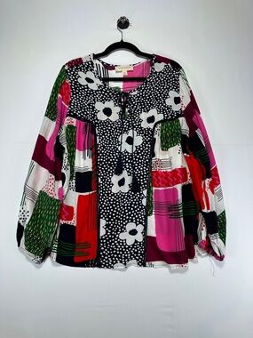 Luna Moon Boho Patchwork Blouse XL Tie Neck Tassel Floral Top Rayon